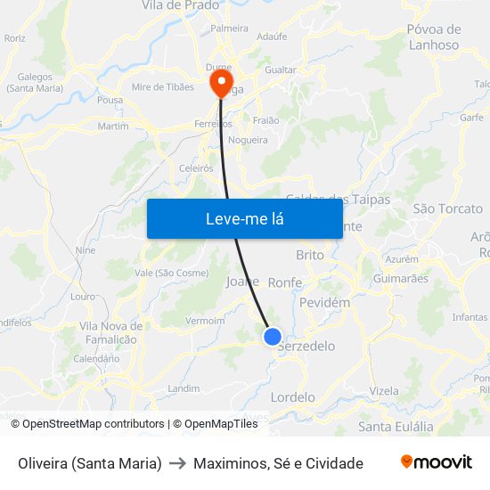 Oliveira (Santa Maria) to Maximinos, Sé e Cividade map