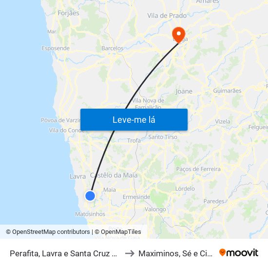 Perafita, Lavra e Santa Cruz do Bispo to Maximinos, Sé e Cividade map