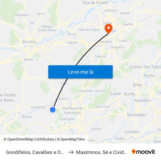 Gondifelos, Cavalões e Outiz to Maximinos, Sé e Cividade map