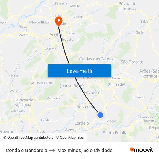 Conde e Gandarela to Maximinos, Sé e Cividade map