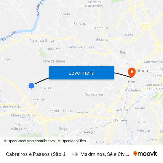 Cabreiros e Passos (São Julião) to Maximinos, Sé e Cividade map