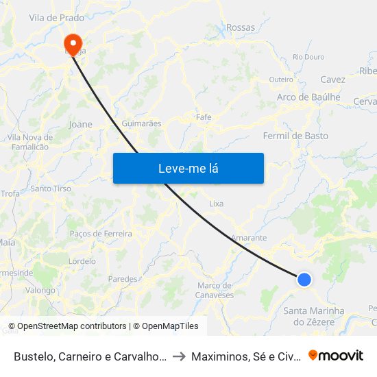 Bustelo, Carneiro e Carvalho de Rei to Maximinos, Sé e Cividade map