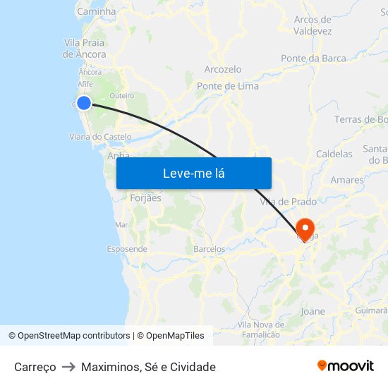 Carreço to Maximinos, Sé e Cividade map