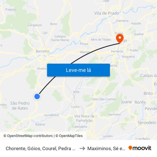 Chorente, Góios, Courel, Pedra Furada e Gueral to Maximinos, Sé e Cividade map