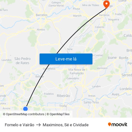 Fornelo e Vairão to Maximinos, Sé e Cividade map