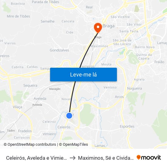 Celeirós, Aveleda e Vimieiro to Maximinos, Sé e Cividade map