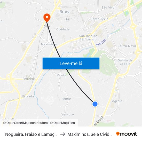 Nogueira, Fraião e Lamaçães to Maximinos, Sé e Cividade map