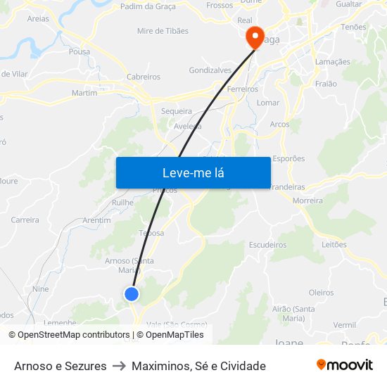 Arnoso e Sezures to Maximinos, Sé e Cividade map