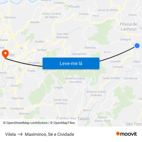 Vilela to Maximinos, Sé e Cividade map