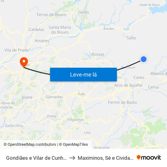 Gondiães e Vilar de Cunhas to Maximinos, Sé e Cividade map