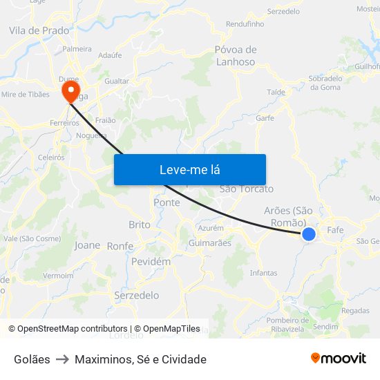 Golães to Maximinos, Sé e Cividade map