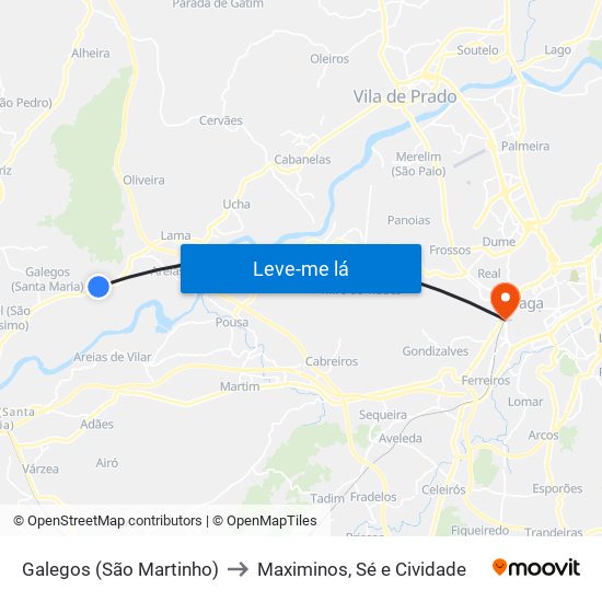 Galegos (São Martinho) to Maximinos, Sé e Cividade map