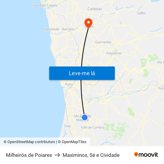 Milheirós de Poiares to Maximinos, Sé e Cividade map