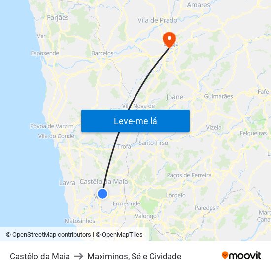 Castêlo da Maia to Maximinos, Sé e Cividade map