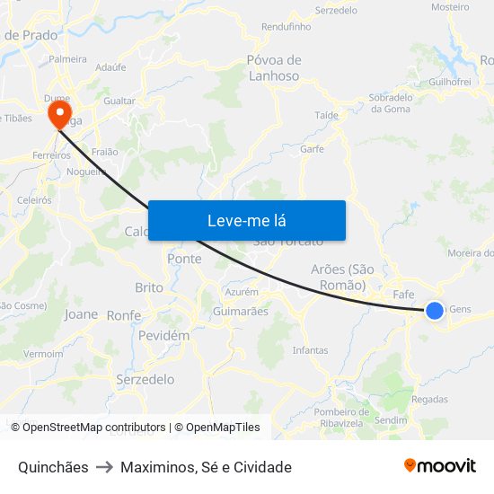 Quinchães to Maximinos, Sé e Cividade map