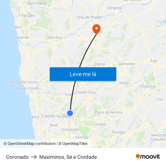 Coronado to Maximinos, Sé e Cividade map