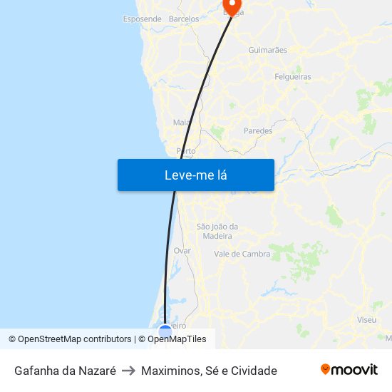 Gafanha da Nazaré to Maximinos, Sé e Cividade map