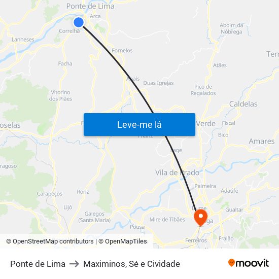 Ponte de Lima to Maximinos, Sé e Cividade map