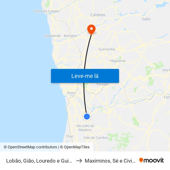 Lobão, Gião, Louredo e Guisande to Maximinos, Sé e Cividade map