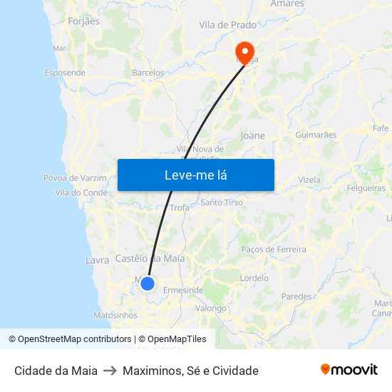 Cidade da Maia to Maximinos, Sé e Cividade map