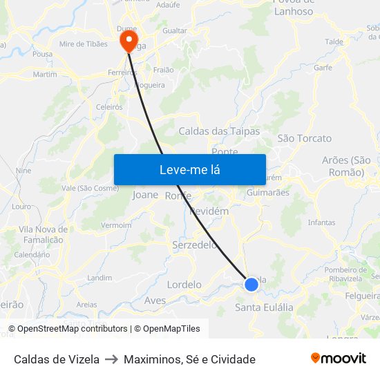 Caldas de Vizela to Maximinos, Sé e Cividade map