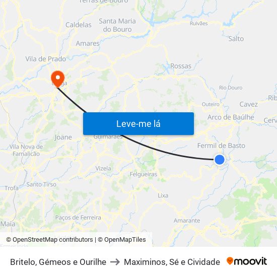 Britelo, Gémeos e Ourilhe to Maximinos, Sé e Cividade map