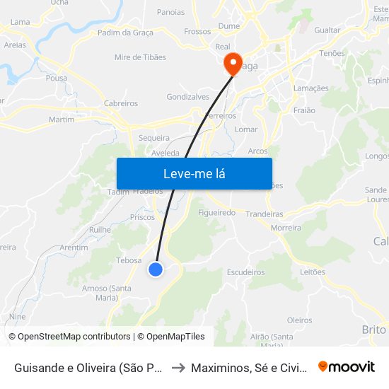 Guisande e Oliveira (São Pedro) to Maximinos, Sé e Cividade map