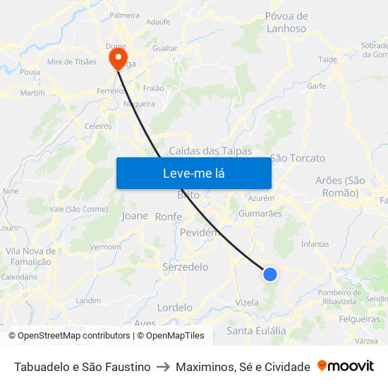 Tabuadelo e São Faustino to Maximinos, Sé e Cividade map