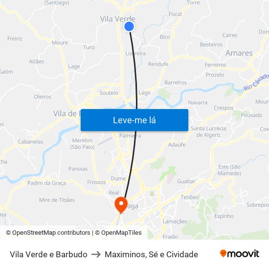 Vila Verde e Barbudo to Maximinos, Sé e Cividade map