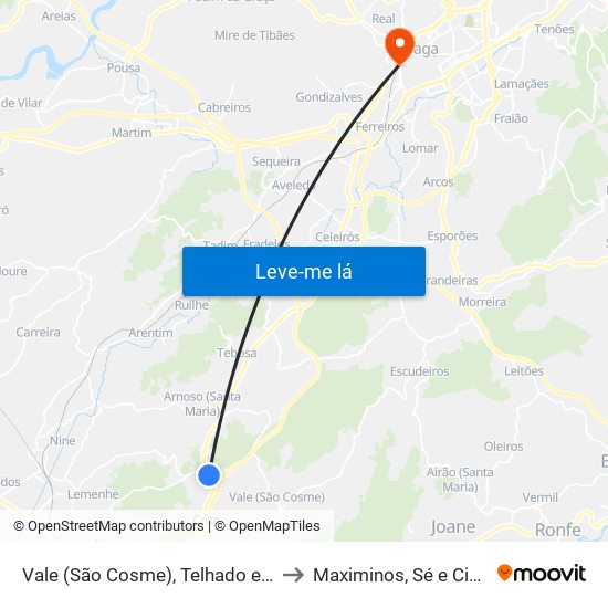 Vale (São Cosme), Telhado e Portela to Maximinos, Sé e Cividade map