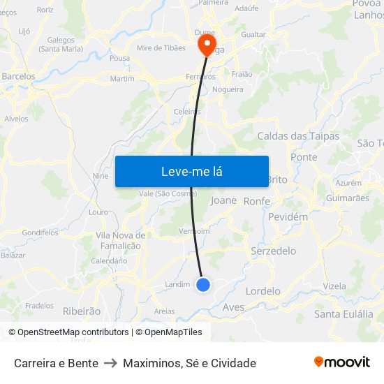 Carreira e Bente to Maximinos, Sé e Cividade map