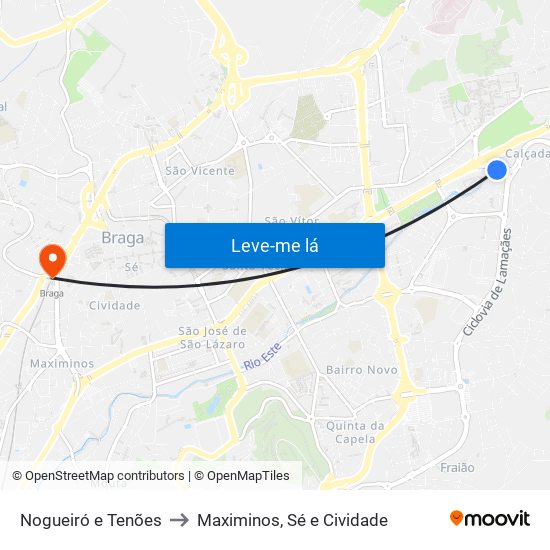 Nogueiró e Tenões to Maximinos, Sé e Cividade map