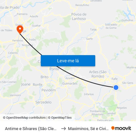 Antime e Silvares (São Clemente) to Maximinos, Sé e Cividade map