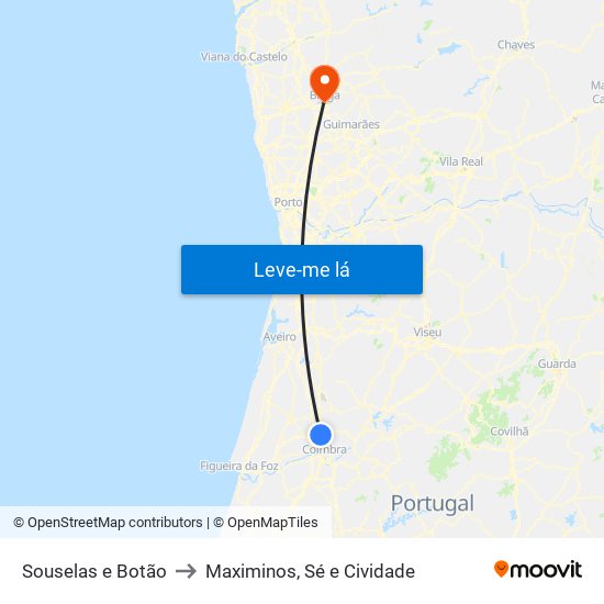 Souselas e Botão to Maximinos, Sé e Cividade map