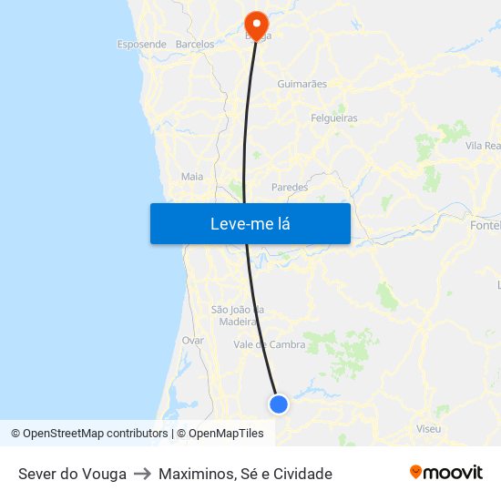 Sever do Vouga to Maximinos, Sé e Cividade map