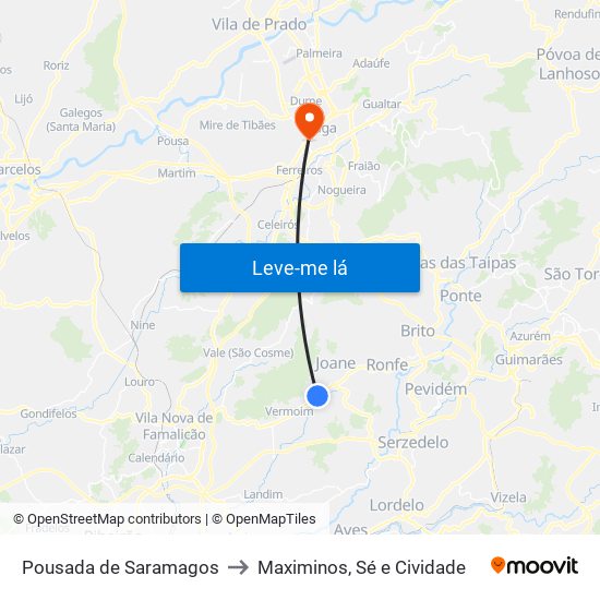 Pousada de Saramagos to Maximinos, Sé e Cividade map