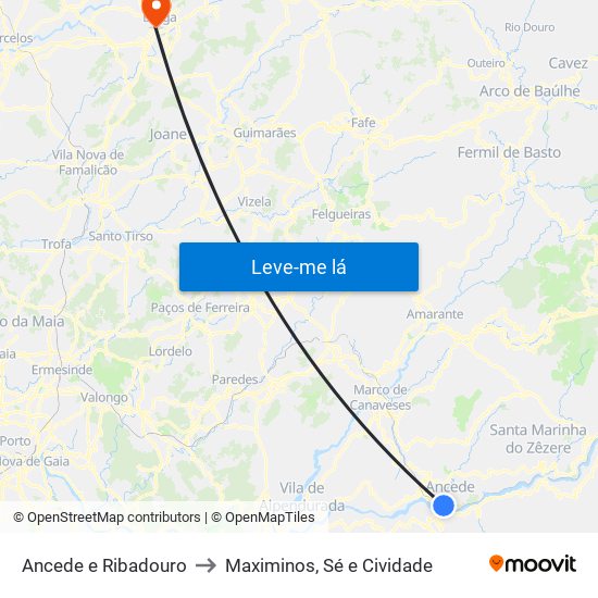Ancede e Ribadouro to Maximinos, Sé e Cividade map