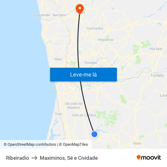 Ribeiradio to Maximinos, Sé e Cividade map