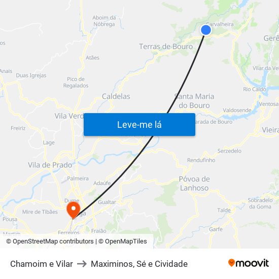 Chamoim e Vilar to Maximinos, Sé e Cividade map