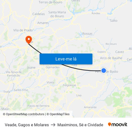 Veade, Gagos e Molares to Maximinos, Sé e Cividade map