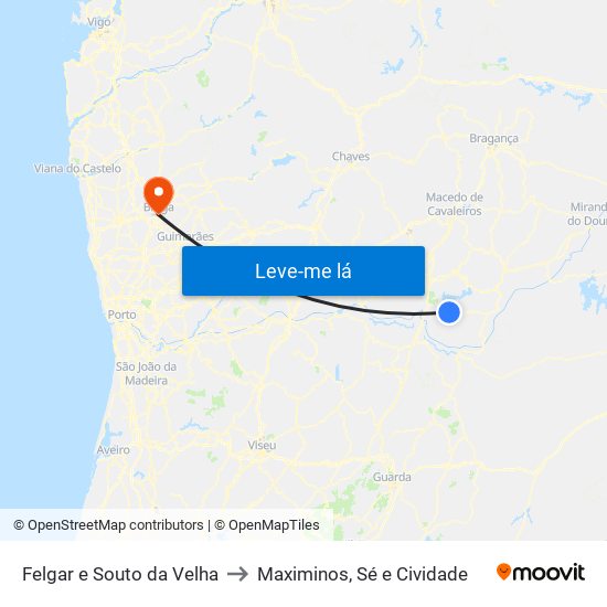 Felgar e Souto da Velha to Maximinos, Sé e Cividade map