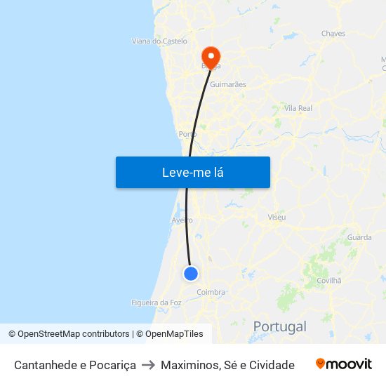 Cantanhede e Pocariça to Maximinos, Sé e Cividade map