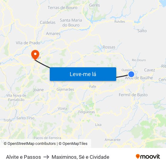 Alvite e Passos to Maximinos, Sé e Cividade map