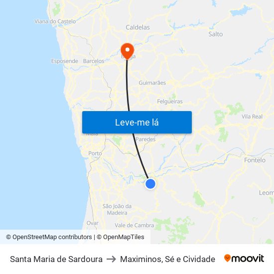 Santa Maria de Sardoura to Maximinos, Sé e Cividade map