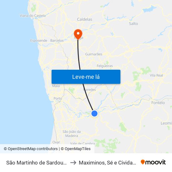 São Martinho de Sardoura to Maximinos, Sé e Cividade map