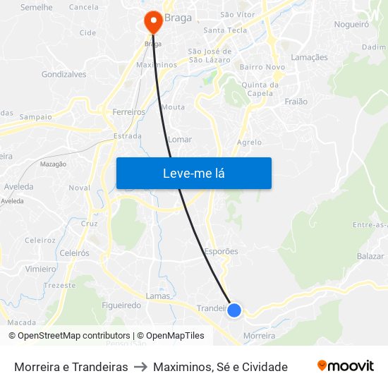 Morreira e Trandeiras to Maximinos, Sé e Cividade map