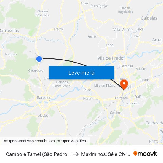 Campo e Tamel (São Pedro Fins) to Maximinos, Sé e Cividade map