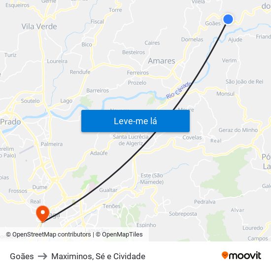 Goães to Maximinos, Sé e Cividade map