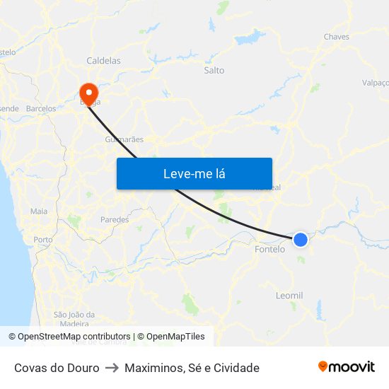 Covas do Douro to Maximinos, Sé e Cividade map