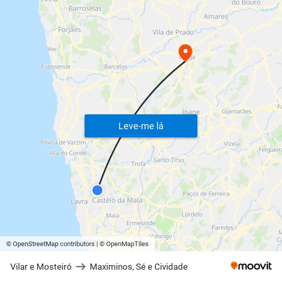 Vilar e Mosteiró to Maximinos, Sé e Cividade map